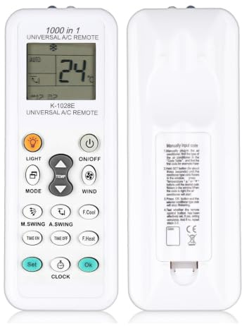 Mando Aire Acondicionado Universal K-1028E, Control Remoto LCD Digital 1000 en 1 Compatible con LG, Samsung, Daikin, Gree, Toshiba, Haier, Midea y Más Marcas