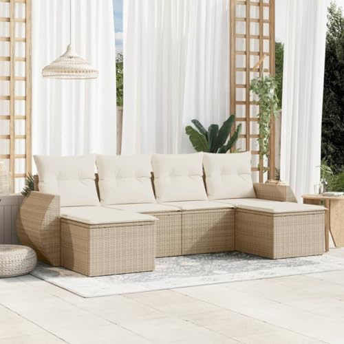 Owoxanthellate 6-TLG. Gartenlounge Beige Poly Rattan Sofa Set 55x62x69 cm Modernes wetterfestes Loungemöbel mit Kissen kompakt für Balkon Terrasse Wintergarten