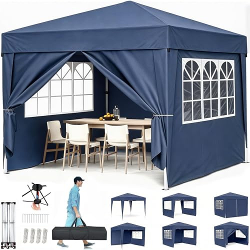 Pop-Up Pavillon, 3x3m Faltpavillon Wasserdicht Stabil, Gartenzelt UV Schutz 50+, Partyzelt mit Tragetasche, Höhenverstellbar Faltbar Gartenzelt mit 4 Seitenwänden, für Garten, Party (3 * 3 Blau)