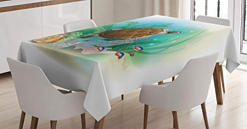 ABAKUHAUS Ozean Tischdecke, Meeresschildkröten Unterwasser, Personalisierter Druck mit Klaren Farben Waschbar Wasserfest kein Verblassen, 140 x 200 cm, Braun Grün