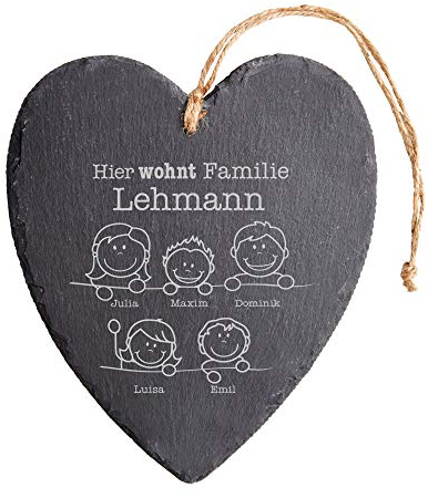 Casa Vivente Schieferherz mit Gravur, Motiv Hier wohnt, Personalisiert mit Namen, Geschenkidee zum Einzug