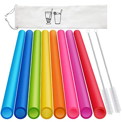 8 Pcs Extra Wide Reusable Smoothie & Boba Straws with 1 Bag & 2 Brushes - Multicolor Big Jumbo, BPA FREE Large Plastic Straws for Smoothies, Bubble Tea(Tapioca, Boba Pearls), Milkshakes