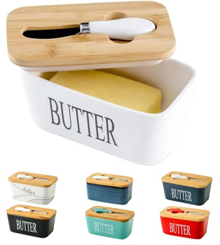 Butter Dish with Lid - Hasense White Ceramic Butter Dish with Airtight Cover and Knife for Countertop, Large Butter Holder Keeper Container with Silicone Sealing Ring for West East Coast