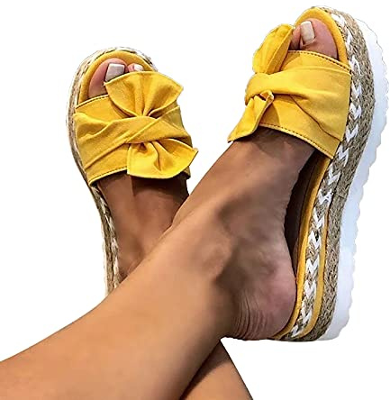 WYCcaseA Sandalias Mujer Verano Planas Sandalias con Lazo Chanclas Punta Abierta Sandalias de Plataforma Zapato De Playa Piscina Al Aire Libre Moda Fiesta Bohemias,Amarillo,41