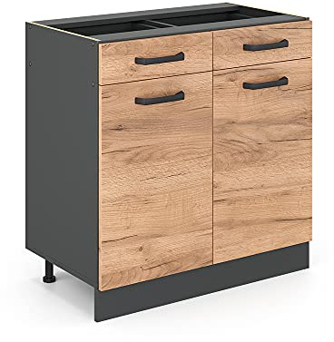 Vicco Meuble Cuisine R-Line, Chêne doré, 80cm | 2 Tiroirs · Sans plan de travail · Pieds réglables en hauteur · 2 Portes · ✓ Accès facile