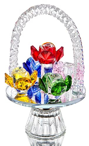 H&D HYALINE & DORA Colorful Crystal Flower Basket Figurine Ornament, Glass Flower with Rotating Base for Home Dress Table Centerpiece Christmas Lady Gift