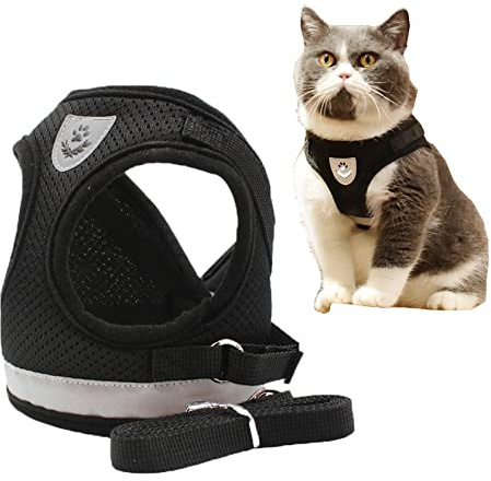 MYKOMI Komfort-Step-In Katzen-Hundegeschirr und Leine-Set für Welpen Katzen Ausbruchsicher Haustierweste Geschirre für kleine Tiere Kaninchen Maus Katzen (L:5-7.5KG, Schwarz)