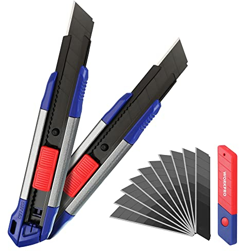WORKPRO 2 Stück Cuttermesser Set 18mm aus Aluminium, Mehrzweck Messer Teppichmesser, Schwarz beschichtete Abbrechklingen aus SK5, inkl. 10 Ersatzklingen