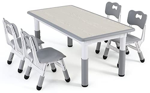 MAMIZO Kindertisch Packung mit 4 Stühlen, Kindertischgruppe Höhenverstellbar, Tisch Stuhl Set für Kindergarten und Kinderzimmer, Plastik Kindermöbel, Sitzgruppe für Jungen Mädchen ab 2 Jahre, Grau