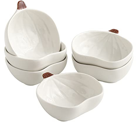 Yeexoxow Cuencos pequeños de calabaza para mojar y salsa, ramequines blancos de 6 onzas, aptos para horno, mini cuencos con forma de calabaza para hornear crema brulee, platos de cerámica para servir