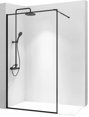 VBChome Walk In Duschwand 120 x 195 cm Schwarz Profil Duschtrennwand Glaswand mit Stabilisator Klarglas Gehärtetes Glas Elegant Modern Hohe Qualität