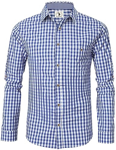 Trachtenhemd Herren Kurzarm Blau Oktoberfest Kariert Langarm Trachten Hemd Freizeithemd Karohemd Baumwolle Slim fit XXL