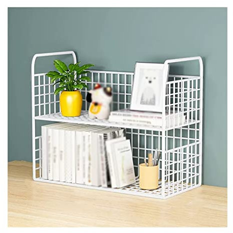 Bücherregal 2-stöckiges weißes Desktop-Organizer-Desktop-Bücherregal mit Metallgitter-Design for Büro-Schreibtisch-Display-Regal, Desktop-Eck-Organizer und Aufbewahrung for Wohnheim, Zuhause, Make-up