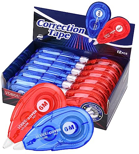 Vobou White Correction Tape, Easy To Use Applicator for Instant Corrections Wrong Writing At Any Time, For school, Office (Red and Blue, 12pack, 6M/256 x 0.2)