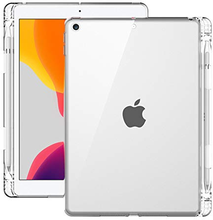 QYiiD Custodia trasparente per iPad 10.2 7a/8a/9a generazione 2021/2020/2019 con portapenne, assorbimento degli urti, cover trasparente e flessibile in silicone TPU, trasparente