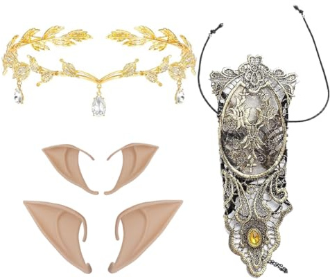 ZOOMPIL Tiara och älva öronset, strass blad bröllop tiara, älva öron set med spetshandskar, för älva-cosplay, jul, halloween, karneval, festdekorationer tillbehör, Guld, En Storlek