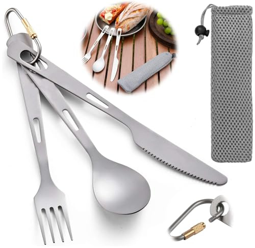 Norhogo 3-teiliges Titan Geschirr Set - Löffel Spork Messer für Reisen | Tragbar Leicht Campingbesteck Professionelles Geschirr mit Karabiner-Clip für Reisen Picknick Wandern Heimgebrauch