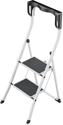 Hailo K75 ComfortLine Klapptritt - 2-stufige Trittleiter aus Stahl mit Sicherheitsbügel und Ablageschale - Arbeitshöhe bis 2,47 m - Gewicht: 5 kg - Weiß
