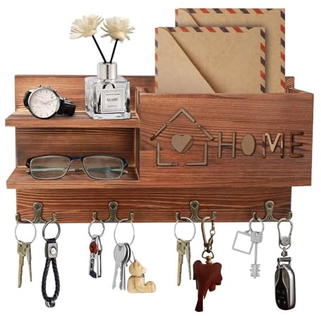 Gocokia Porta posta e portachiavi per decorazione da parete, organizer per posta in legno con 4 ganci doppi per chiavi, ganci da parete con cassetta postale, decorazione per la casa per ingresso,