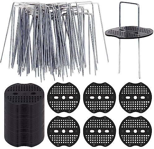 XCRPRT 50 Erdanker Bodenanker & 50 Pufferscheibe, Anti-Rost Erdnägel aus Stahl, U-förmige Nagelstifte für Befestigung von Folien, Kunstrasen, Zaun, Unkrautvlies, Bodenplanen 150x40mm, Ø 2,2mm