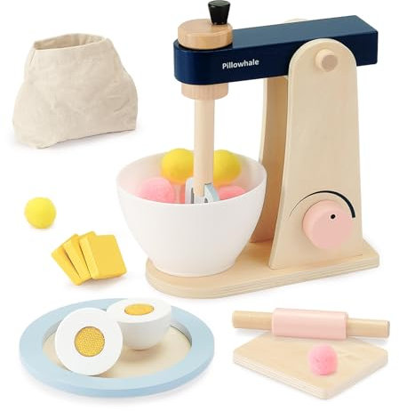 Pillowhale Play Kitchen Accessories, Wooden Mixer Ste with Toy Food, Kids Kitchen Playset Baking Set, Role Play Toys Blender for Boys and Girls Ages 3+