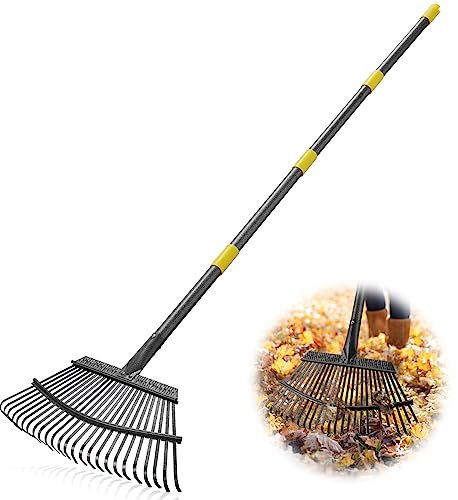 CALCHELE Râteau de jardin en métal de 1,8 m pour feuilles, pelouses, 25 dents en métal de 45,7 cm de large avec poignée réglable, râteau à feuilles robuste pour jardinage