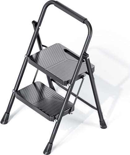 KINGRACK Trittleiter 2 Stufen Klappbar mit Sicherheitsschloss, Anti-Rutsch-Stabilem Klappleiter Tritthocker 150kg Belastbar, Leiter mit Handläufen für Zuhause, Büro, Garten, Küche, Schwarz