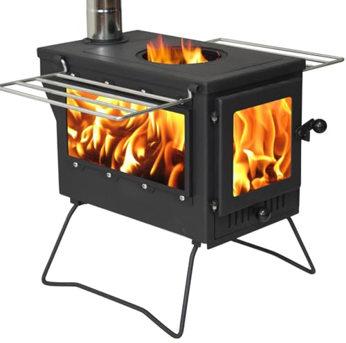 DWD® Kielder Camping Stove Outdoor Portable Wood Log Burner Stove/Cooking Hob or Grill with Flue, Spark Cap,Oversized Heat Resistant Full Glass Windows on Fire Box Side Racks, Carry Bag, gloves