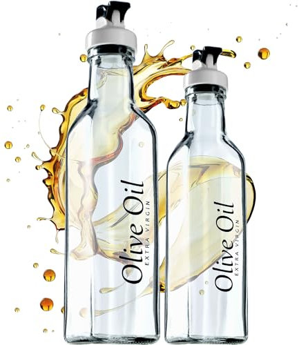 KADAX Glasflasche für Olivenöl, Set 250 ml + 500 ml, Ölflasche zum Befüllen, Ölkaraffe aus Glas, Olivenölflasche, Dekorierte Flasche für Küche (Transparent)