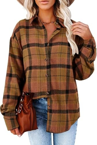 YUTILA Chemisier à carreaux pour femme - Manches longues - Décontracté - Col en V - Boutonné, marron, L