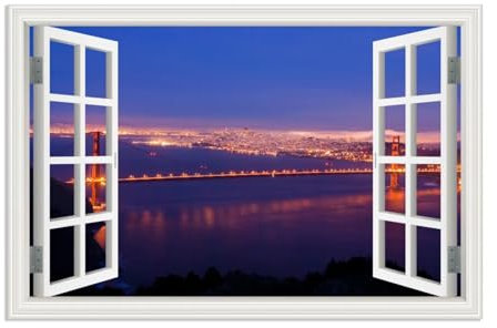 RXNHGJDS Fensterblick Bilder auf Leinwand,Blaue Seebrücke mit Nachtblick auf die Stadt,Leinwandbild Sonnenuntergang Wandbilder Fensterblick Offenes Fenster Ansicht Bild90x60cm(35x24in) Rahmenlos