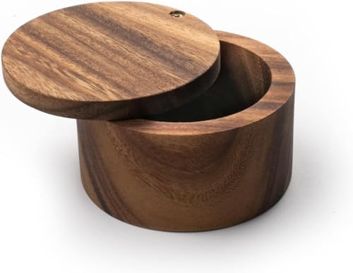 Kalakriti Acacia Wood Salt Container Pepper Pots Cellar with Lid | Spice Box with Swivel Cover| 3.5 Diameter x 2.5 Height| Brown