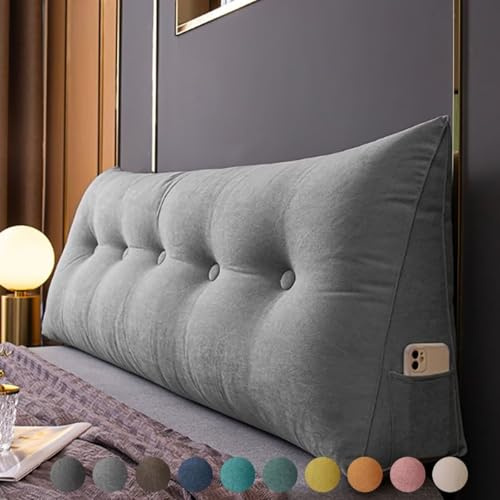 Bettkissen Rückenlehne 200cm Grau, Rückenkissen Bett Keil Kopfteil Kissen, Waschbar Abnehmbar Rückenstützkissen Lendenkissen mit Seitentasche, Bequemes Groß Wandkissen Lesekissen für Bett und Sofa