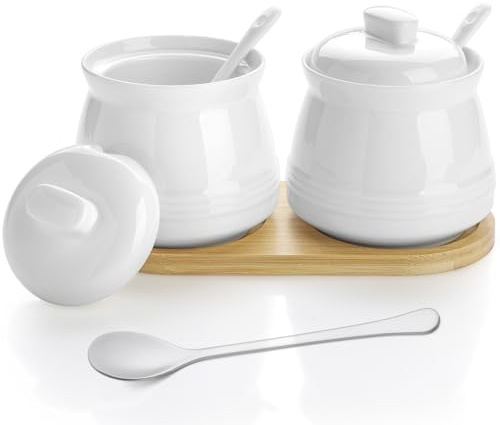 zeeooil Azucarero con tapa y cuchara, juego de 2 recipientes de cerámica para azúcar (blanco)