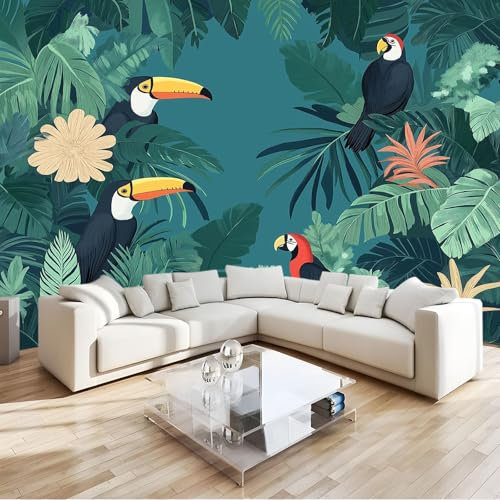 Verde Oscuro Fotomural selva tropical y aves Fotomural Pared, 250x175 cm Papel Pintado 3D, Fotomurales Decoración de Comedores Moderna Lana Sala Cuarto Salón