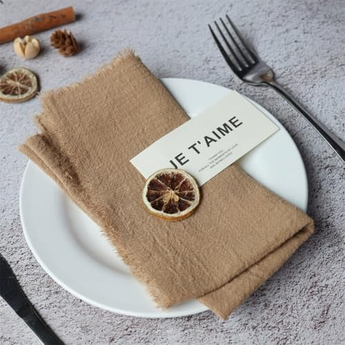 SYSUII Stoffservietten 12 Stück 32x32cm weich Tischservietten Rustikale Baumwolle Servietten mit Fransen Servietten Tuch für Hotel,Restaurant,Weihnachten,Party Hochzeit Dekoration -Braun
