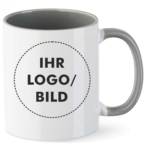 Kiwistar - 1x Kaffeetasse groß - Tasse - grau - Kaffeebecher - mit Logo bedruckt - 330 ml mit Firmenlogo - Fototasse selbst gestalten - Werbung mit Logo