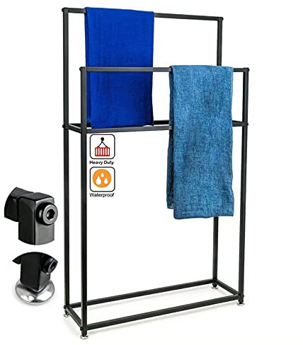 Badezimmerregale aus schwarzem Metall mit 4 Handtuchaufhängerstangen, hoher bodenstehender Handtuchhalter für Whirlpools, Pools und Balkon, 65 x 20 x 110 cm