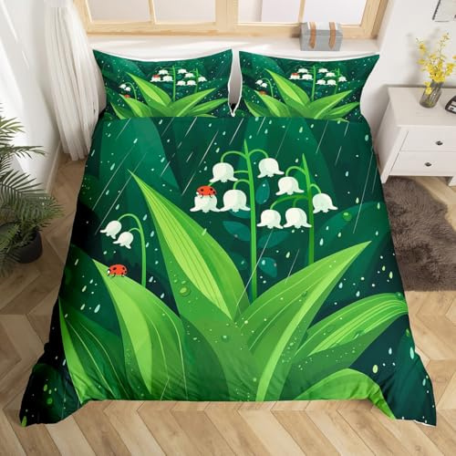 Homewish Bell Orchid Flowers Duvet Cover Set Green Plant Leaves Bedding Sets Double,Campanula Flower Comforter Cover Convallaria Ladybug Bed Set,Botanical Room Decor