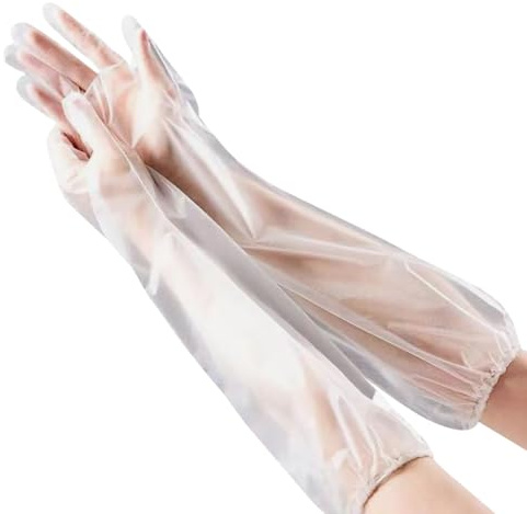 HugeDE 10 Pcs Plastic Long Sleeve Gloves, Household Dishwashing & Cooking Gloves, Waterproof, Clear, Large, 10 Count