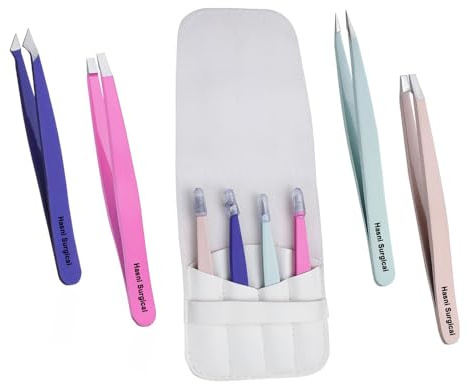 Tweezers Set of 4 Professional Stainless Steel Precise Facial Hair Removal Tweezers for Eyebrow Nose Ear and Ingrown Hair Treatment Multi Task for Men & Women