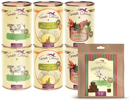 Terra Canis Gourmetpaket Rind, Nassfutter für Hunde, 6er-Mix mit Snack | 100% Lebensmittelqualität aller Rohstoffe, ideal zum Kennenlernen, abwechslungsreiche Menü-Auswahl