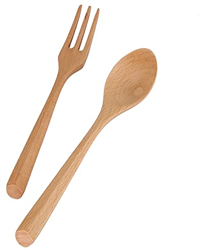 Nikou 2 Juego de Cuchara y Tenedor de Madera, 19cm Reutilizables Cubiertos | Vajilla de Estilo Japonés Portátil, Utensilios de Cocina para Postres y Sopa, Juego de cubiertos Natural para Comer Mezclar
