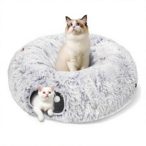 SHJOEE 2 in 1 Tunnel e Cuccia per Gatti Pieghevole Letto a Tunnel in Peluche per Interni Letto a Cuccia Con 2 Fori E Sfera Sospesa Giochi per Gatti Interattivo per Cuccioli/Gattini/Conigli