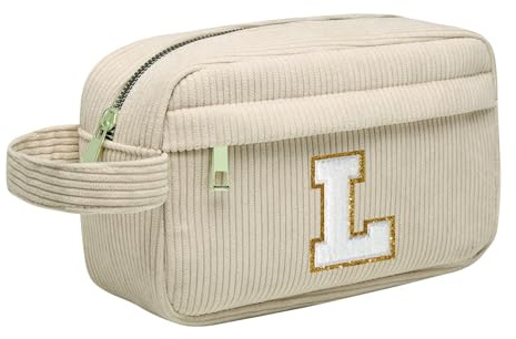 Personalisierte Initialen Make-up-Tasche, Cord-Kosmetiktasche Reise Kulturbeutel mit MetallReißverschluss Tragbare Schminktasche Damen, Weihnachts Geburtstagsgeschenk für Frau Mädchen Beige L
