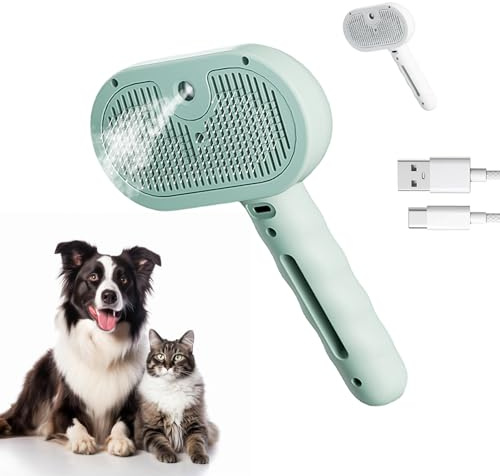 3 in 1 Pet Grooming Brush with Steam and Spray, USB Rechargeable Hair Removal Comb Steam Brush with Water Tank and Mist Release Stainless Steel Teeth for Dog Cat Shedding Detangling (White+Green)