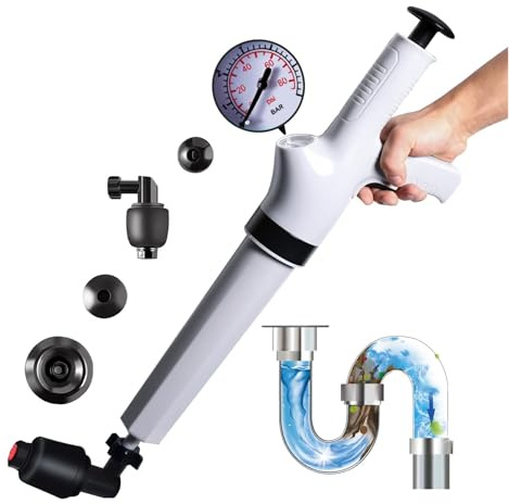 Émbolo de inodoro con manómetro – Kit de émbolo de alta presión con 4 cabezales reemplazables para desbloquear inodoros, fregaderos, bañeras y desagües de suelo