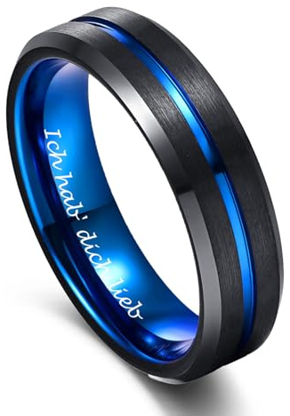 VAKKI Ring Herren Damen 6mm/8mm Wolfram Ringe Schwarz/Silber/Schwarz Blau Eheringe mit Rille und Abgeschrägte Kanten Größe 52(16.6)-72(22.9)