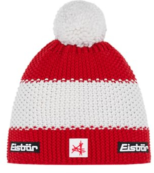 Eisbär Mütze Herren & Damen Star Pompon Ski Austria rot-weiß-rot - Merino Wintermütze Unisex mit Fleece schützt vor Kälte und Wind - Bommelmütze atmungsaktiv elastisch Haube aus Österreich