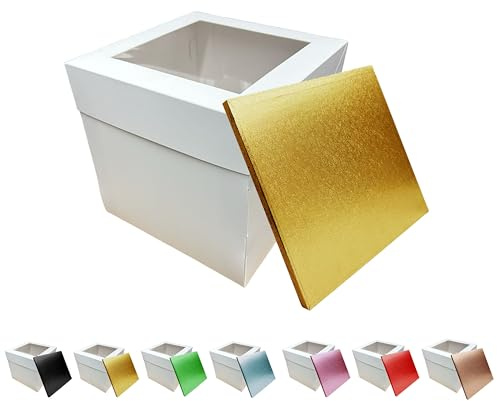 LARRYROO Tall White Cake Box Extra Deep with Clear Display Window & Vibrant, Colourful Square Cake Drum Board Combo (Gold, 12 Inch)